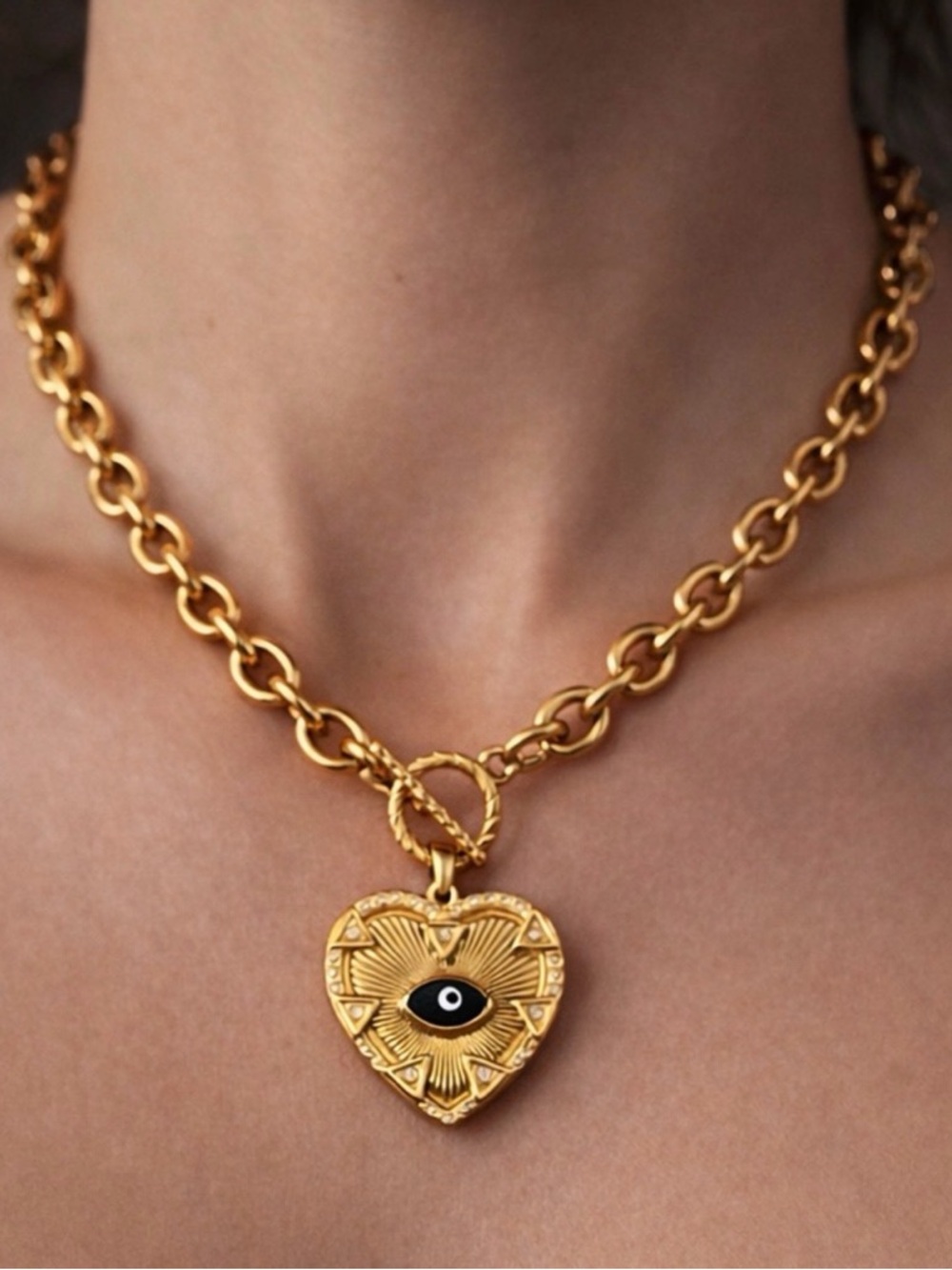 Gold Heart Evil Eye Pendant Toggle Necklace - Women Jewelry
